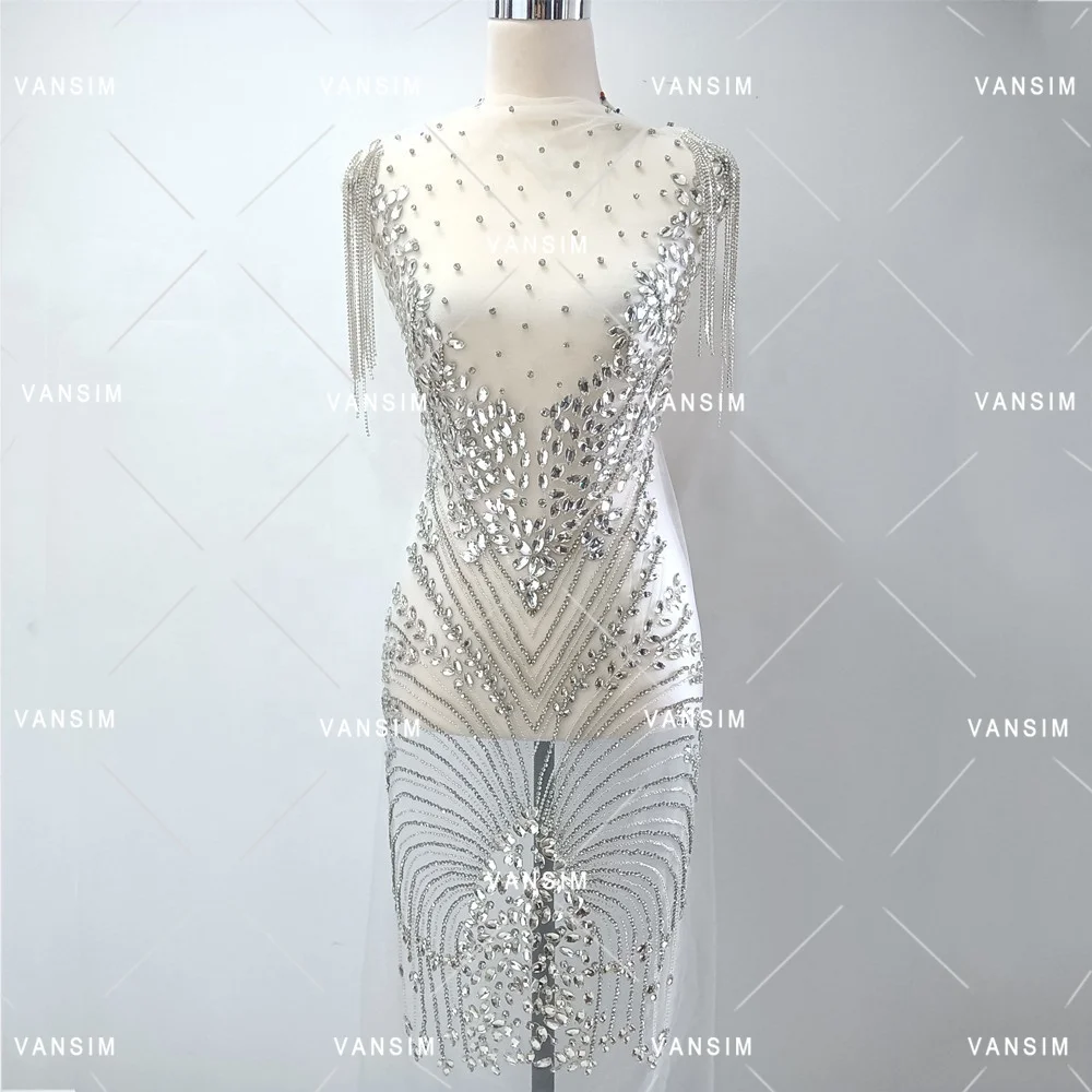 Wholesale rhinestone flower bodice applique crystal panel fringe shoulder chest body patch wedding bridal dress decoration