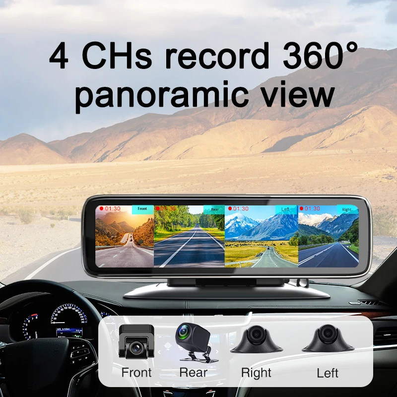 12 Inch 4 Cams Record Night Vision Car Video Recorder 360 Degree View Touch Screen Smart Mirror DVRs 4 Split Display
