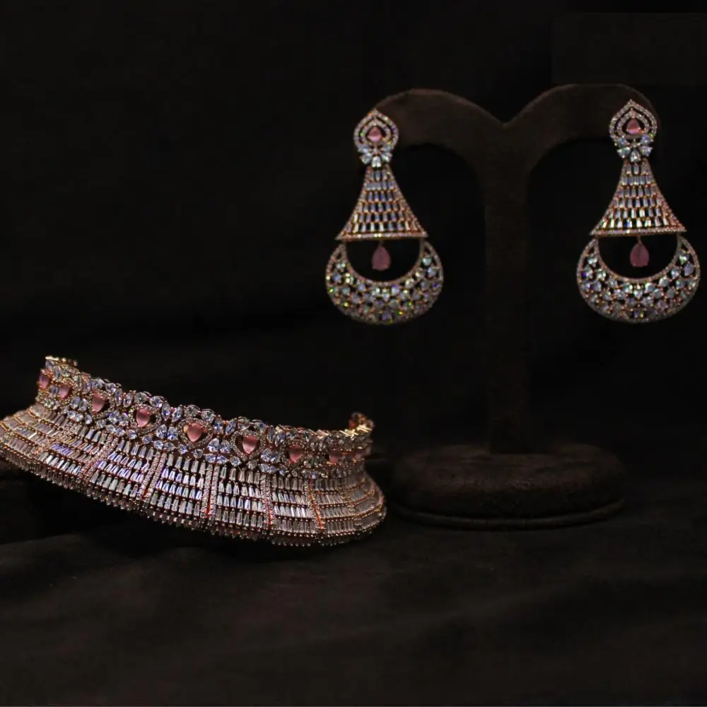 American Diamond Choker Rose Gold Plated Necklace jewelry Set AD (Light Pink) for Women Girls