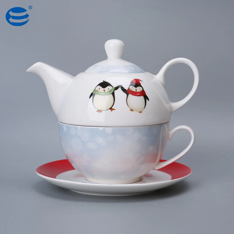 Wholesale Tea Sets Drinkware Penguin Pattern Type Ceramic Teapot for One Set Wholesale Tea Kettle Teapot and Cup in One