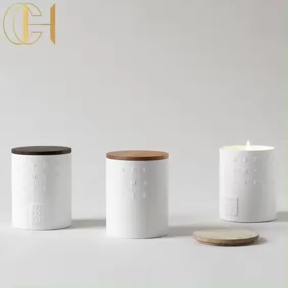 C&H Customized Embossed Private Label Ceramic Candle Jar Frosted 8oz 10oz Gift Box Ceramic Candle Jar With Bamboo Lid