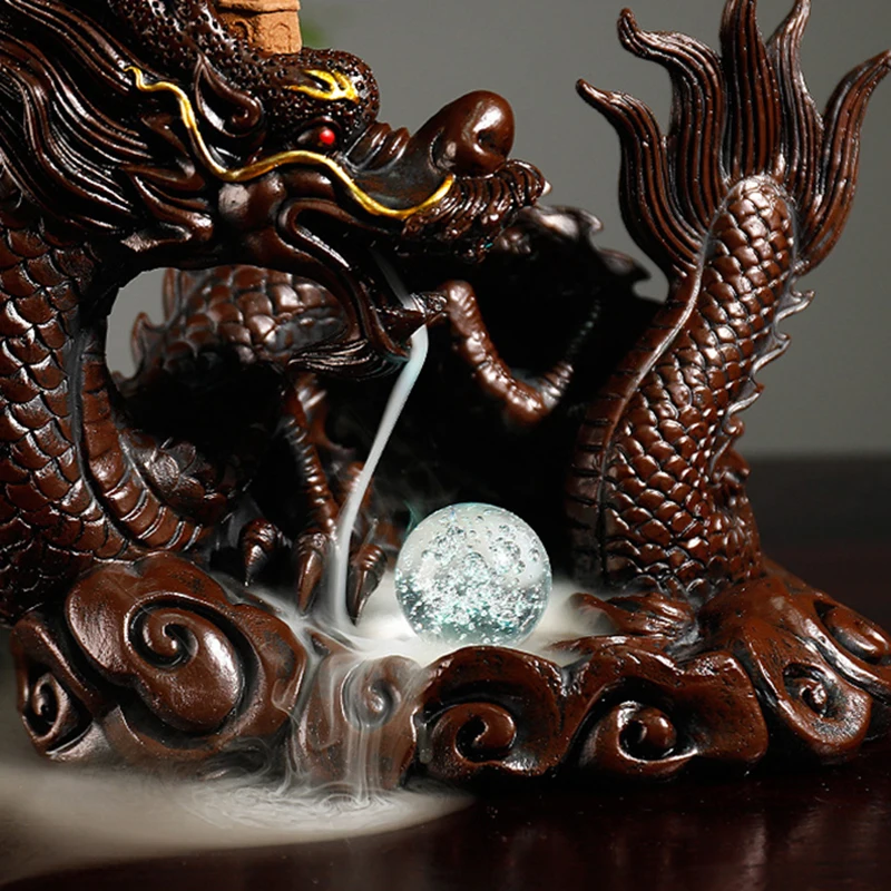 Resin Craft Home Desktop Decor Dragon Backflow Incense Burner with LED Light Crystal Ball Smoke Waterfall Incense Censer