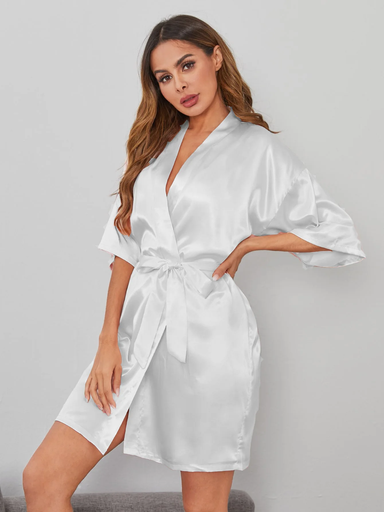 Satin silk pajamas summer solid color bathrobe nightgown feminine homewear pajamas bridal bridesmaid morning robe