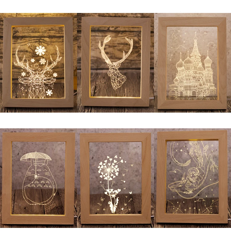 Craft Beech Wooden Foto Frame Lamp 3D Acrylic Wood LED Photo Frame Night Light