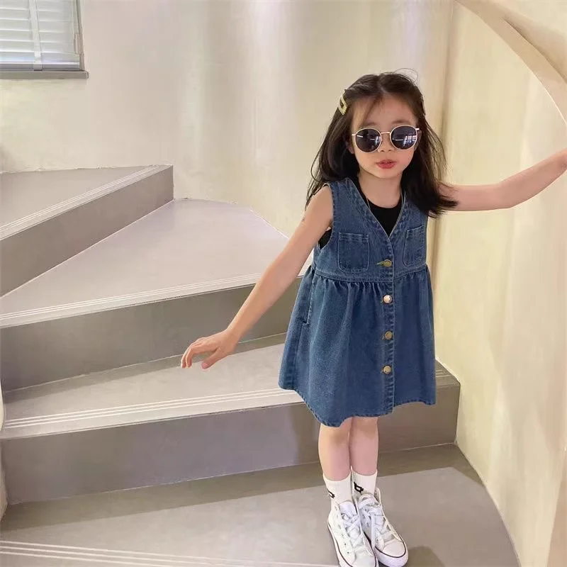Fashion New Arrival Wholesale Beautiful High Quality Children Kids Sleeveless Denim Dress Private Labels cotton skirt For Girls