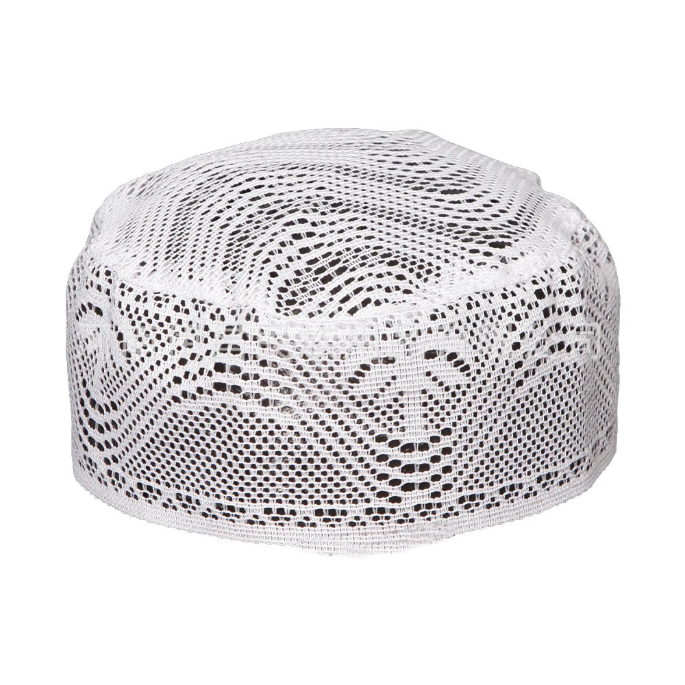 Wholesale Mesh Dome Embroidered  Arabic Dubai Malaysia White Hat For Men Net Muslim Prayer Cap