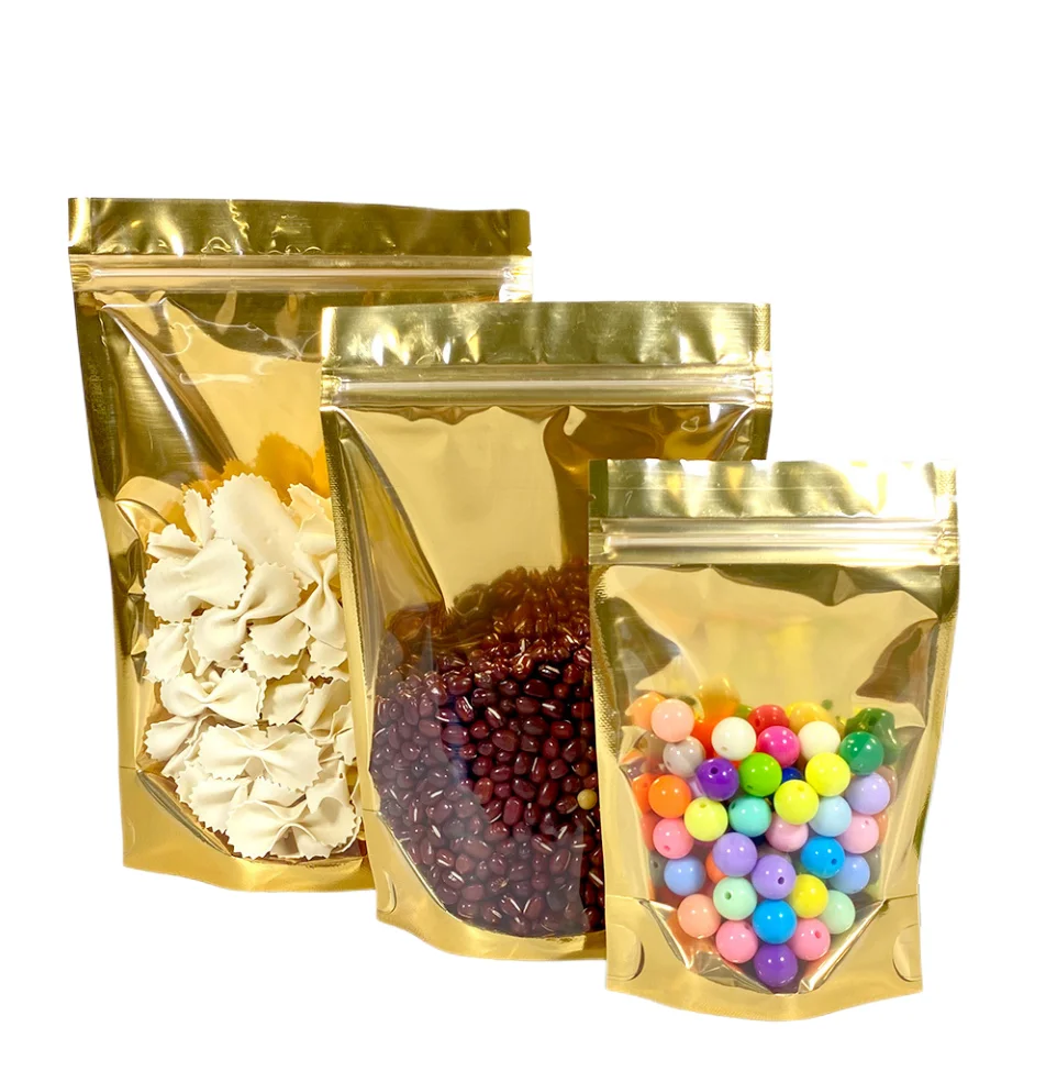 Customized Metallic Effect Stand Up Pouches Aluminum Foil Gold Golden Packing with window