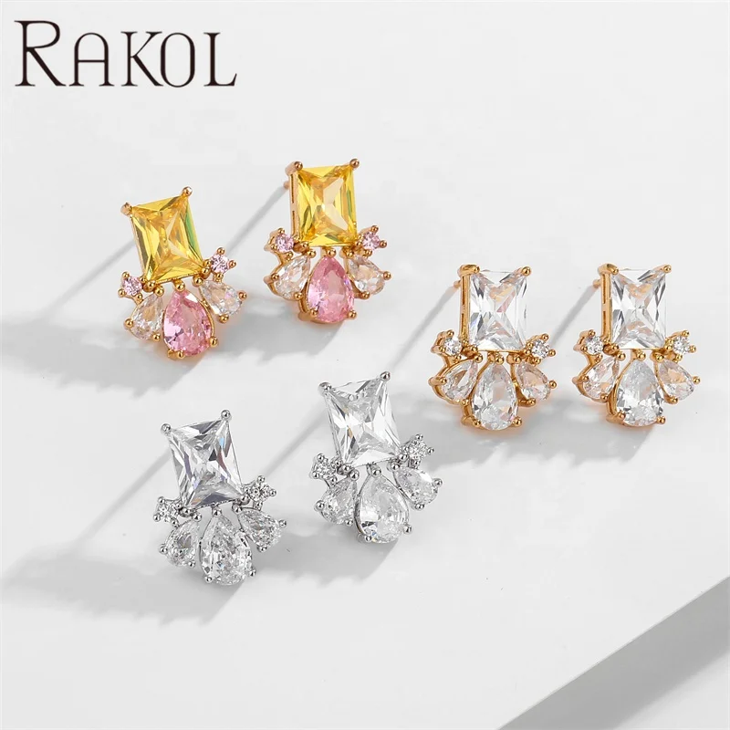 RAKOL EP5440 women newest fashion shining crystal pink yellow diamond handmade tiny exquisite stud earrings