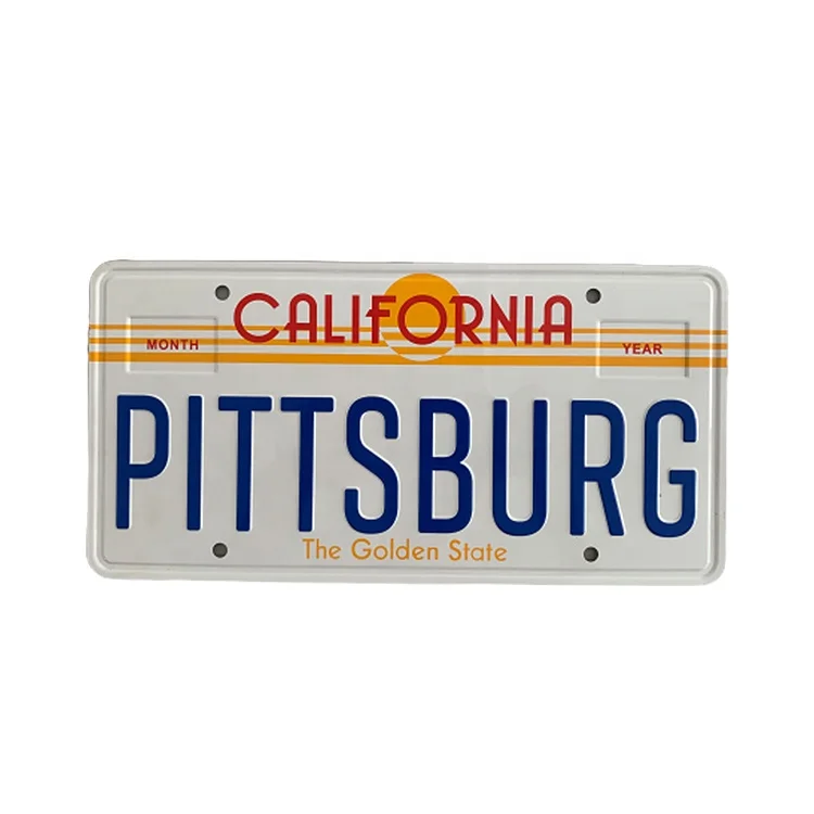 Wholesale Popular Design Custom Embossed Metal Aluminum Souvenir Gift For California Pittsburg As Car License Plate