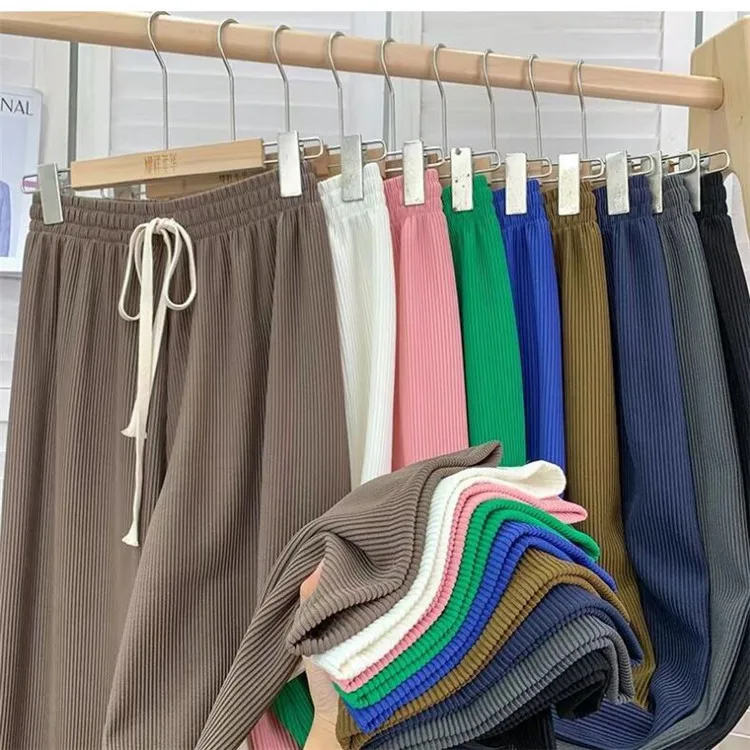 Casual solid color Women Wide Leg Pants Elastic drawstring High Waist Loose Long Pants Pleated Pant Trousers