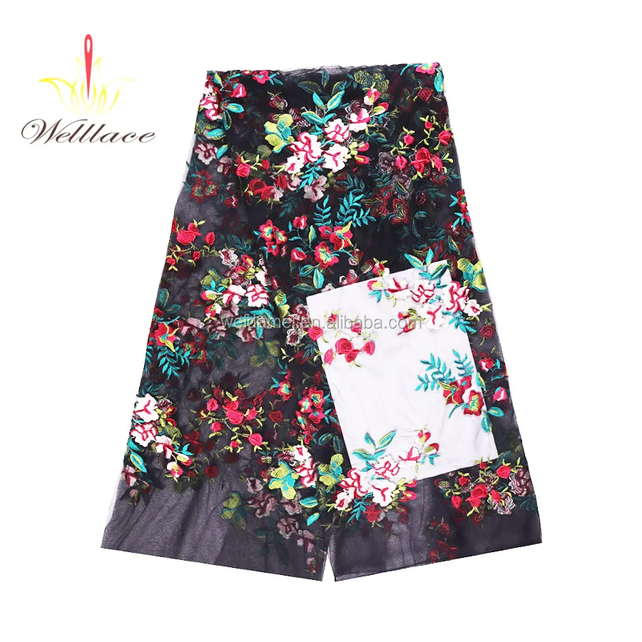 High quality flower black net embroidered mesh 135cm lace fabric