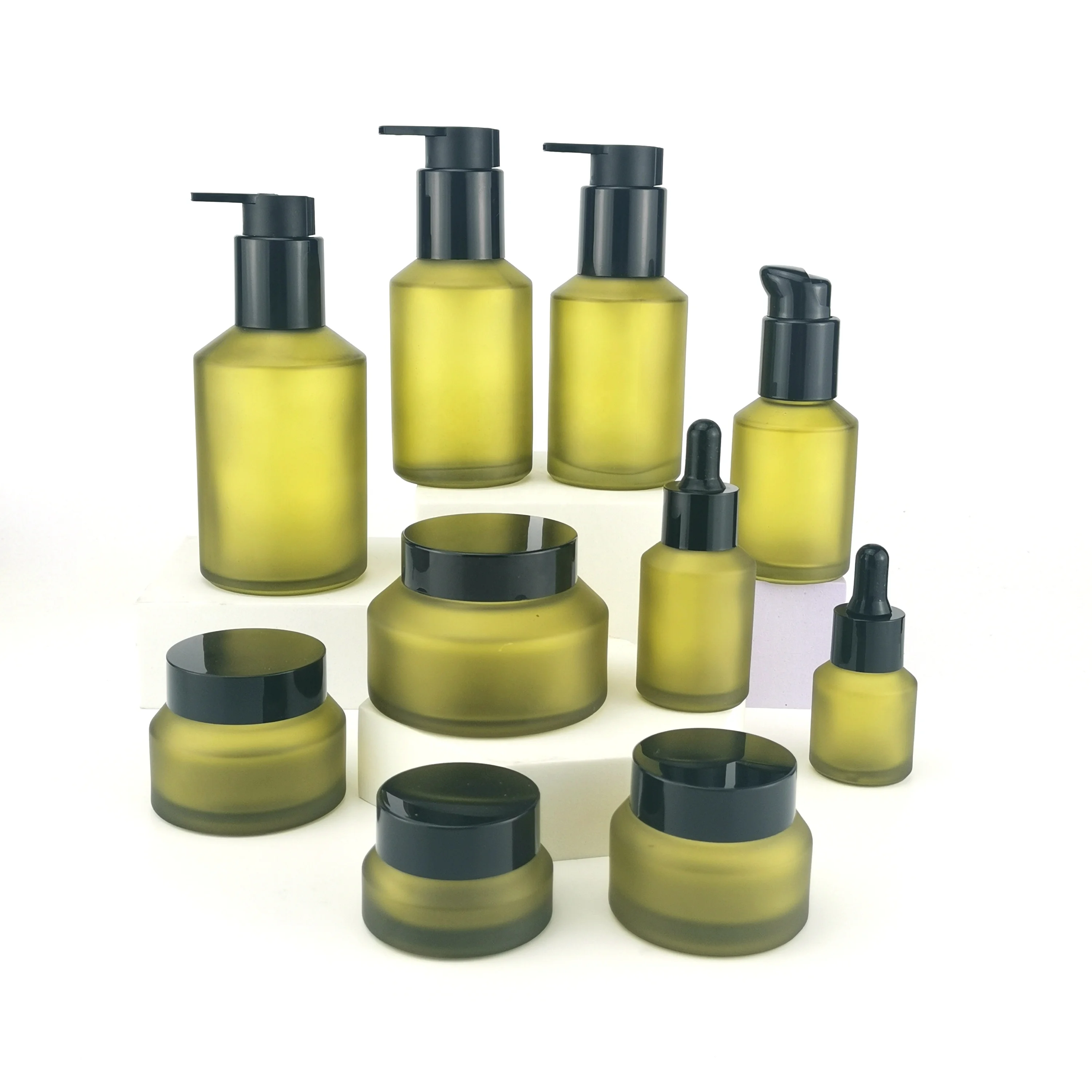 olive green glass jar face cream cosmetic container 15 g 30 gm  50 gm 100 gm glass jar with black lid