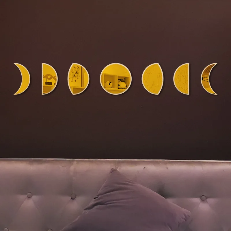 Ins Wind Wooden Acrylic Moon Mirror Lunar Cycle Change Lunar Eclipse Decorative Wall Mirror Lunar Phase wall Mirror sticker