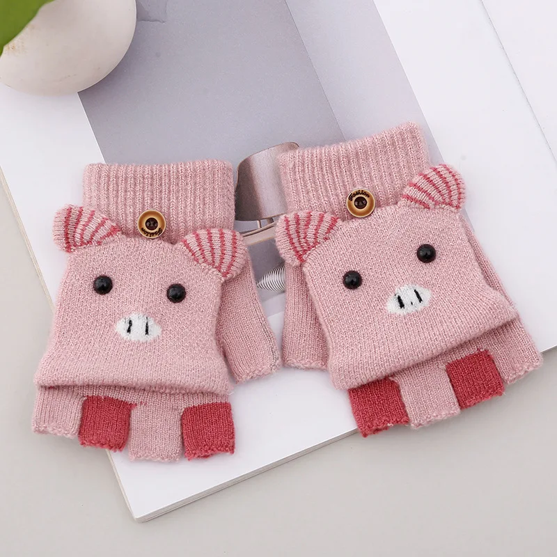 Winter Cute Cartoon Children Fingerless Glove with Mitten Cover Knit Warm Student Text Convertible Flip Top Half Finger Gloves