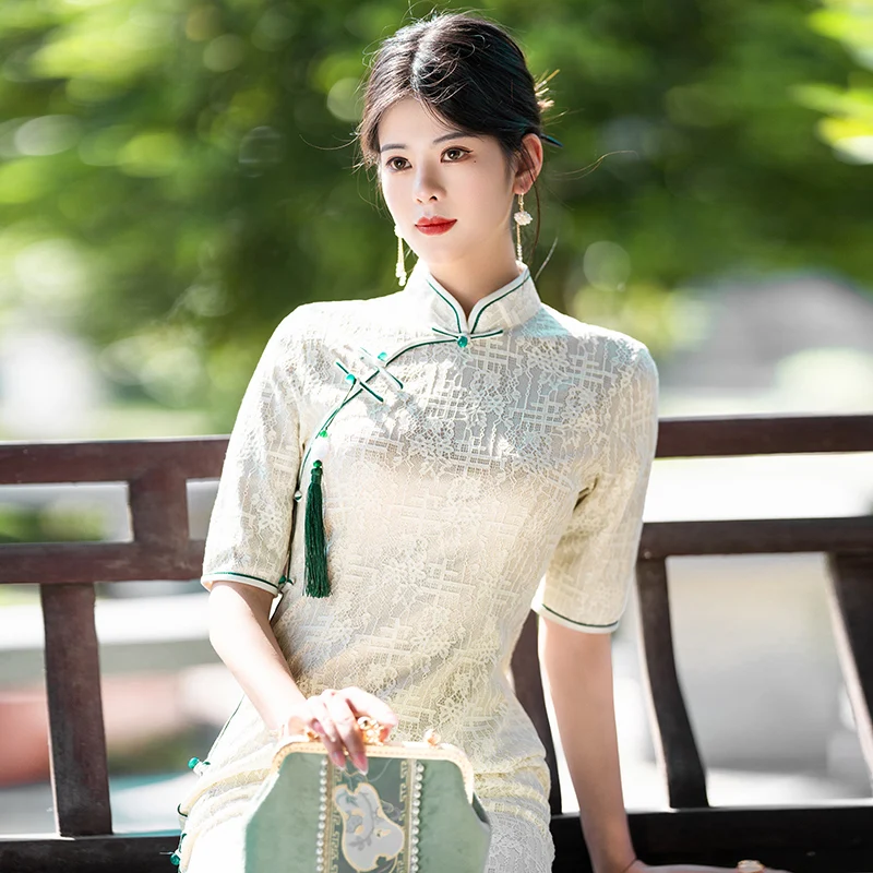 Modailan New arrivals light green elegant slim dresses long style Cheongsam Women Chinese Qipao Dress