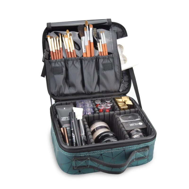 Portable Waterproof Geometric Printing Leather Large Capacity Brush Holder Cosmetic Bag Makeup Case Make-up Box Bags