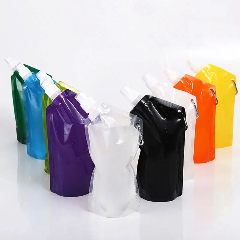 Reusable Collapsible Sports Water Drink Pouch Water Bottle Bag With Corner Cap