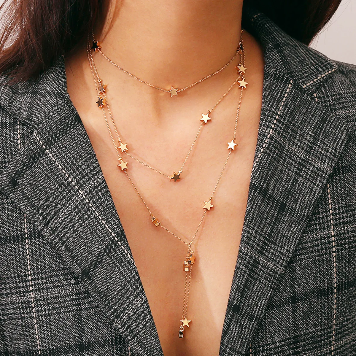Sexy Girls Necklace Gold Plated Multilayer Star Pendant Tassel Chest Chains Ladies Fashion Women Body Jewelry