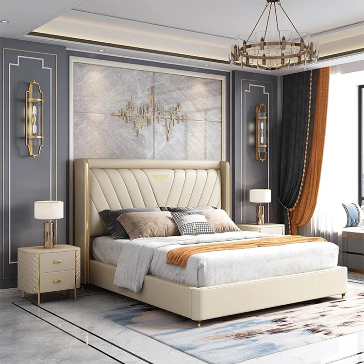 Latest modern simple luxury leather bed sets furniture bedroom solid wooden frame double california king size bed
