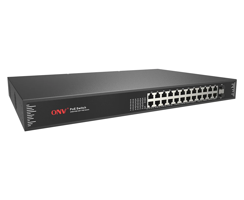 Unmanaged PoE fiber switch with 24*10/100/1000M RJ45 ports and 2*1000M uplink SFP fiber ports for monitor