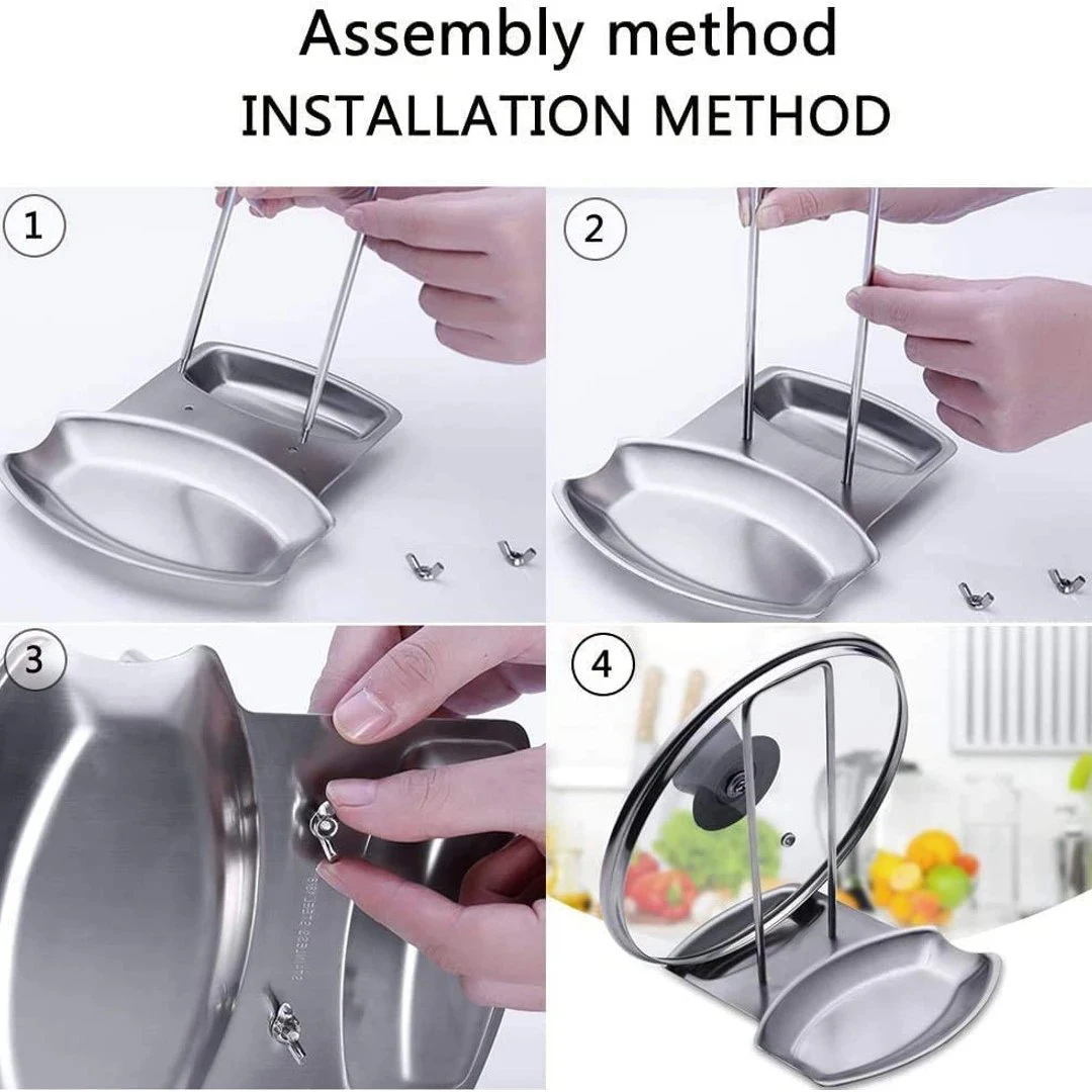 2-in-1 Lid & Spoon Holder Upstanding Stainless Steel Ladles Holder Spoon Rest and Pot Lid Holder for Kitchen Utensil