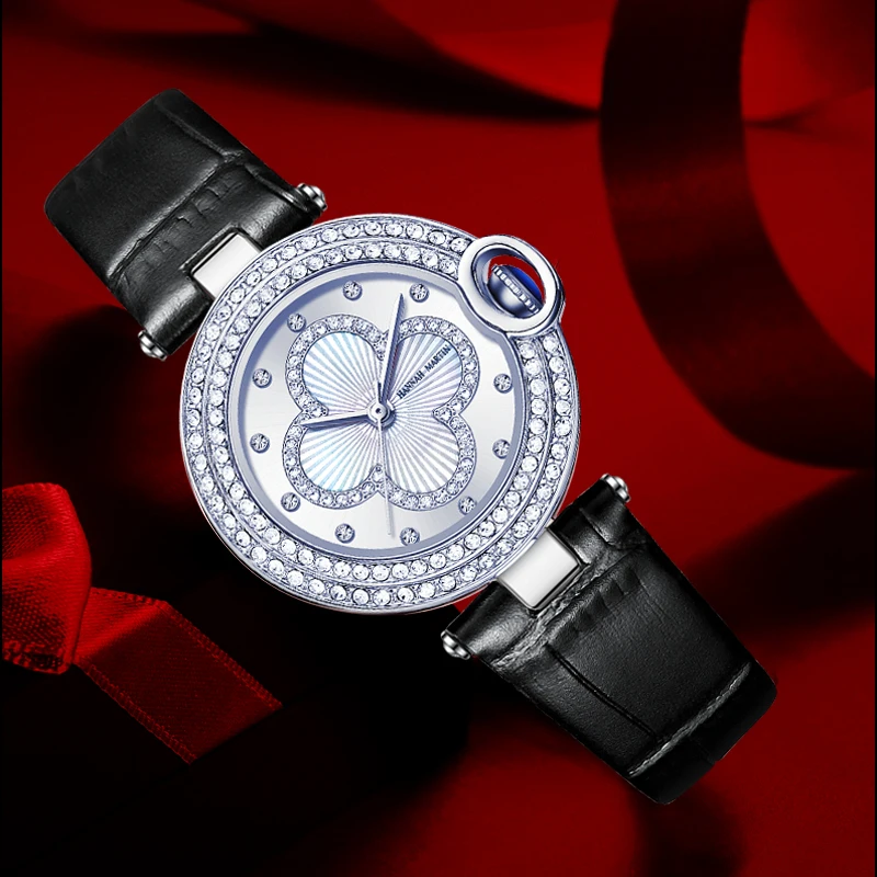 HANNAH MARTIN WATCH FACTORY Custom Logo Japan Quartz Movement Fashion Luxury Genuine Leather Strap Diamond Wrist Watch For Women