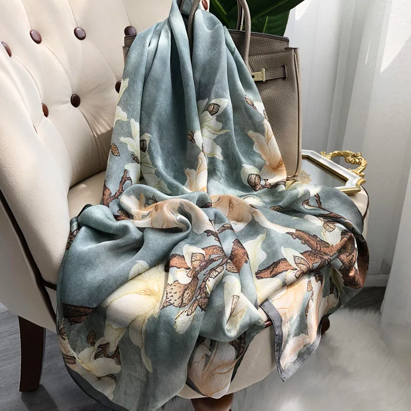 Newest Soft Comfort 100% Pure Silk Scarves Shawls For Women Flower Printed Mulberry Silk Scarf Hijab 180*65CM Real Silk Bandanas