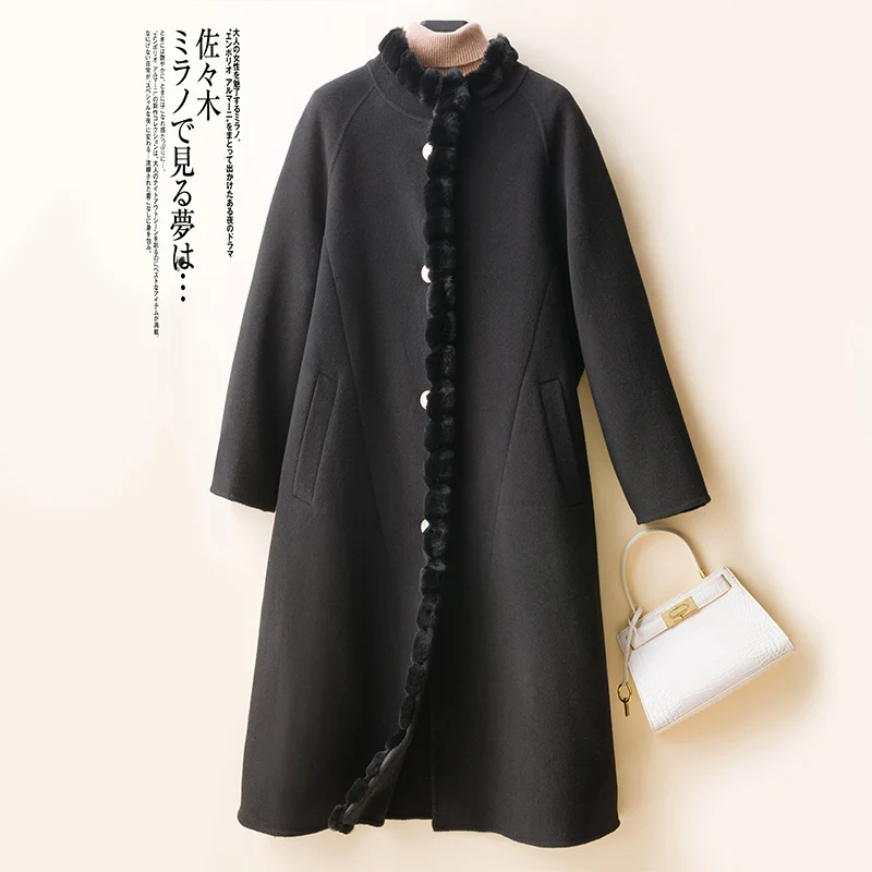 
2020 New Trendy Fashion Women Double Face Fur Neck Overcoat Long Thick Wool Ladies Coat 