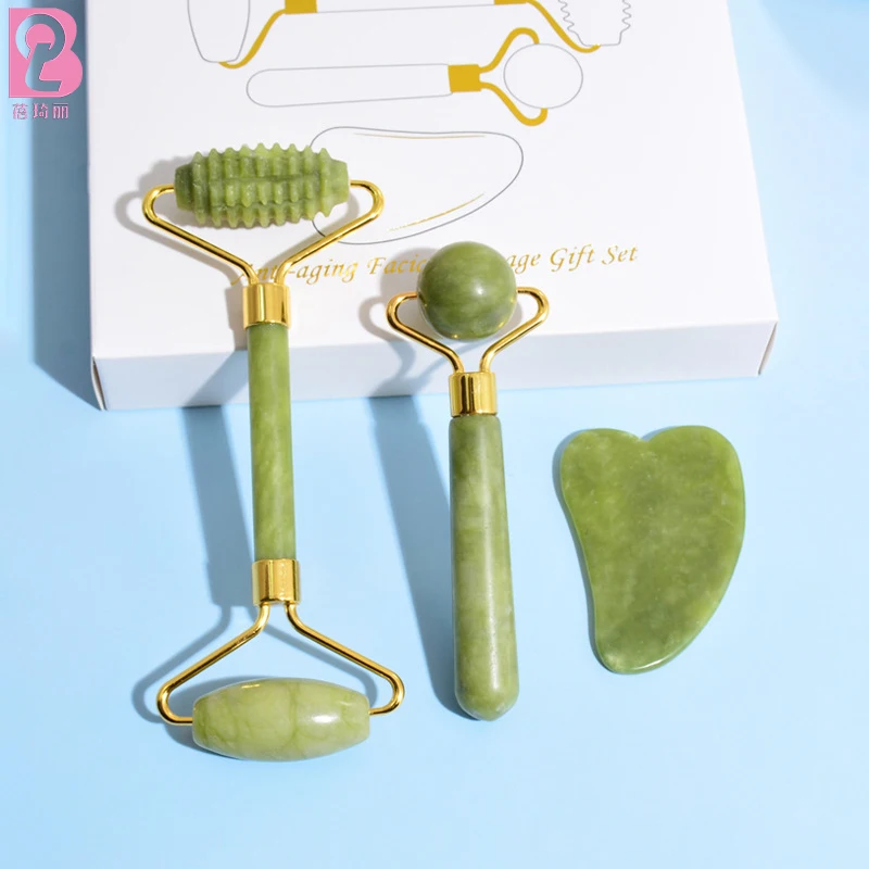 Beiqili Natural Crystal Stone Anti Aging Custom Logo Facial Tool Massage Set Xiuyan Jade Roller And Gua Sha For Face