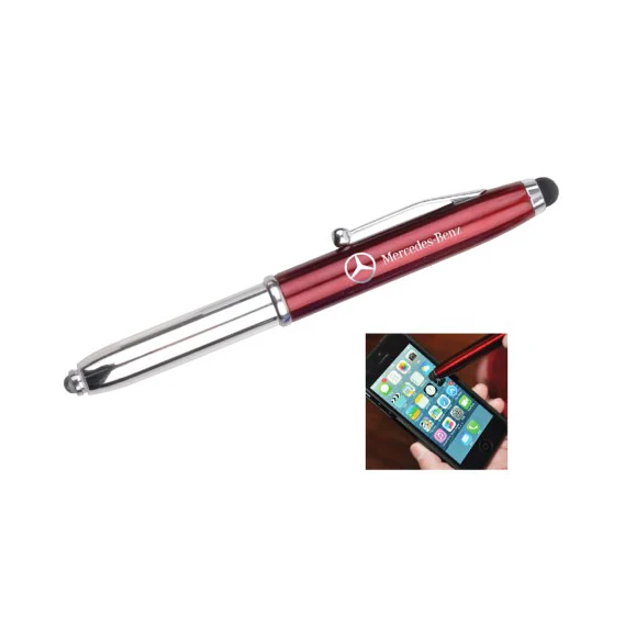 Push Action Led flashlight Torch customized laser engraved logo Aluminium Metal Touch screen Stylus Ball Point Pen