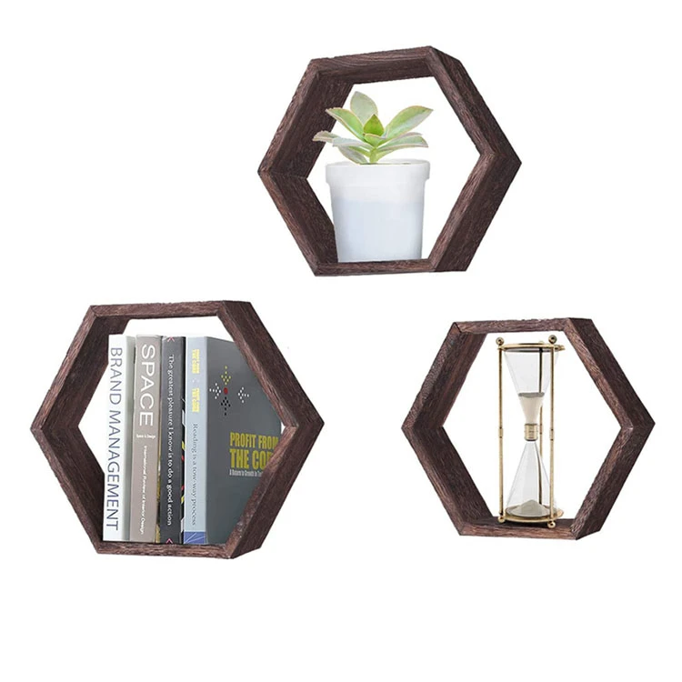 Деревенский натуральный набор из 3 коричневых деревянных шестигранных стенных полки