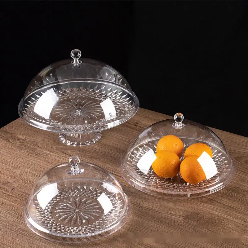 Fruit Tray Cover Transparent Acrylic Plastic Round Food Dust Cover Snacks Display Dessert Serving Tray Rack Tableware
