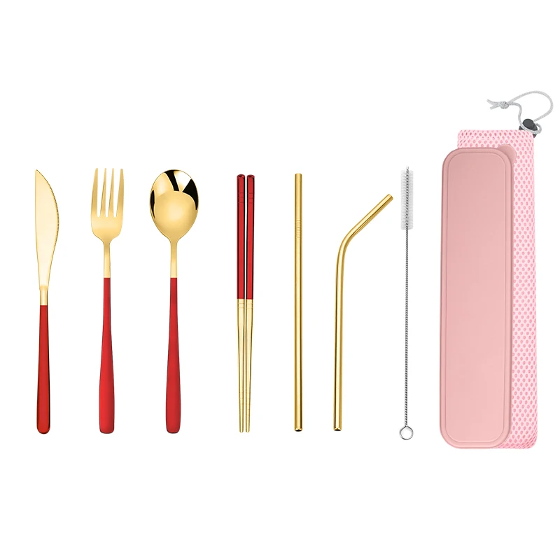 Korean 7PCS set stainless steel knife fork spoon chopsticks straw  cutlery with wheat straw box