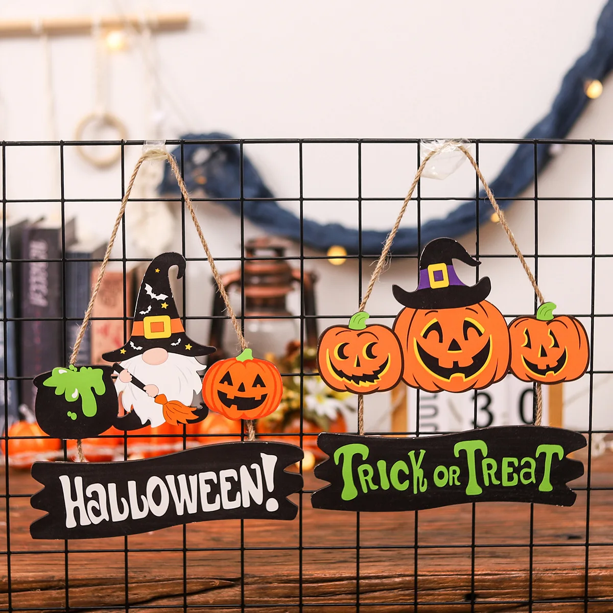 Halloween Garland Door Hanging Wooden Pumpkin Gnome Ghost Witch Letters Trick Hanging Sign for Front Door Party Layout Props