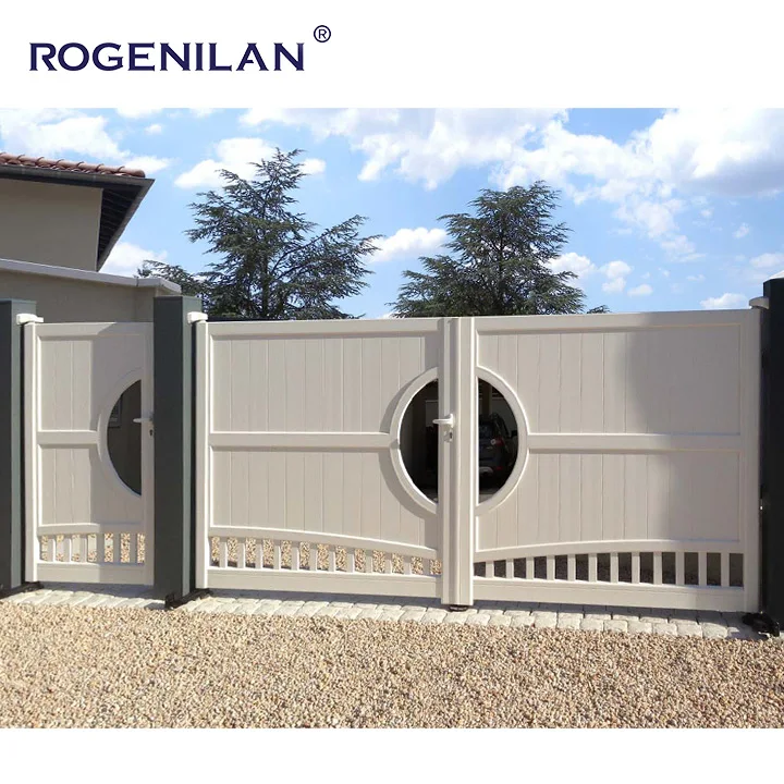 Rogenilan Latest intelligent remote control sliding entrance design outdoor trackless aluminium outdoor gate