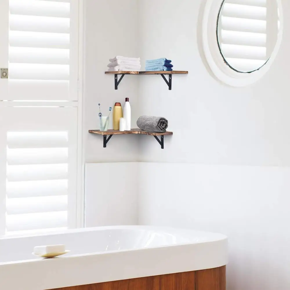 Угловые настенные полки, деревенские деревянные Угловые плавающие полки для спальни, гостиной, ванной комнаты, кухни, набор из 2 черных карбонизированных полок