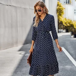 Chinese clothes supplier 100% polyester polka dots print ruffled v neck tiered gather big hem A line casual maxi dresses