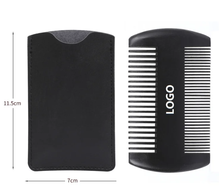 All Natural Wood Beard Comb with Leather Case Double Sided Black Handmade Peachwood Hair Combs