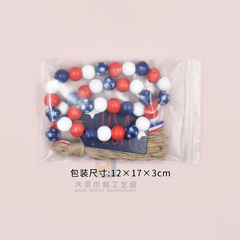Wholesales 4th of July Red White Blue Patriotic Wood Bead Garland with Tassels USA Tag for Independence Day Decoration Memorial