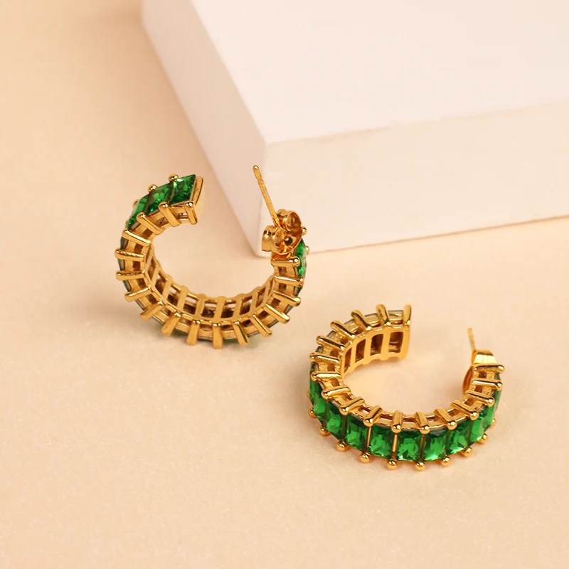 Stud Custom Earring Green Zirconia Gemstone Earring Bezel Iced Out Setting Rhinestone Hoop Earring Jewelry