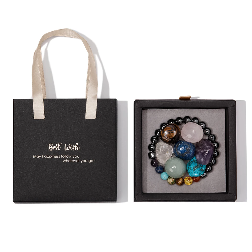 Hot Sale Gemstone Set Yoga Meditation Reiki 6mm 8mm Opalite Crystal Bead Bracelets Heart Love Worry Stone Set with Gifts Box Bag