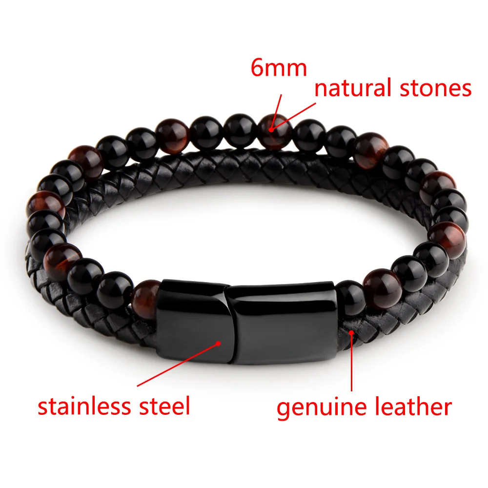 Punk Tiger Eye Lava Men Natural Stone Bead Stainless Steel Magnetic Clasp Black Genuine Leather Bracelet
