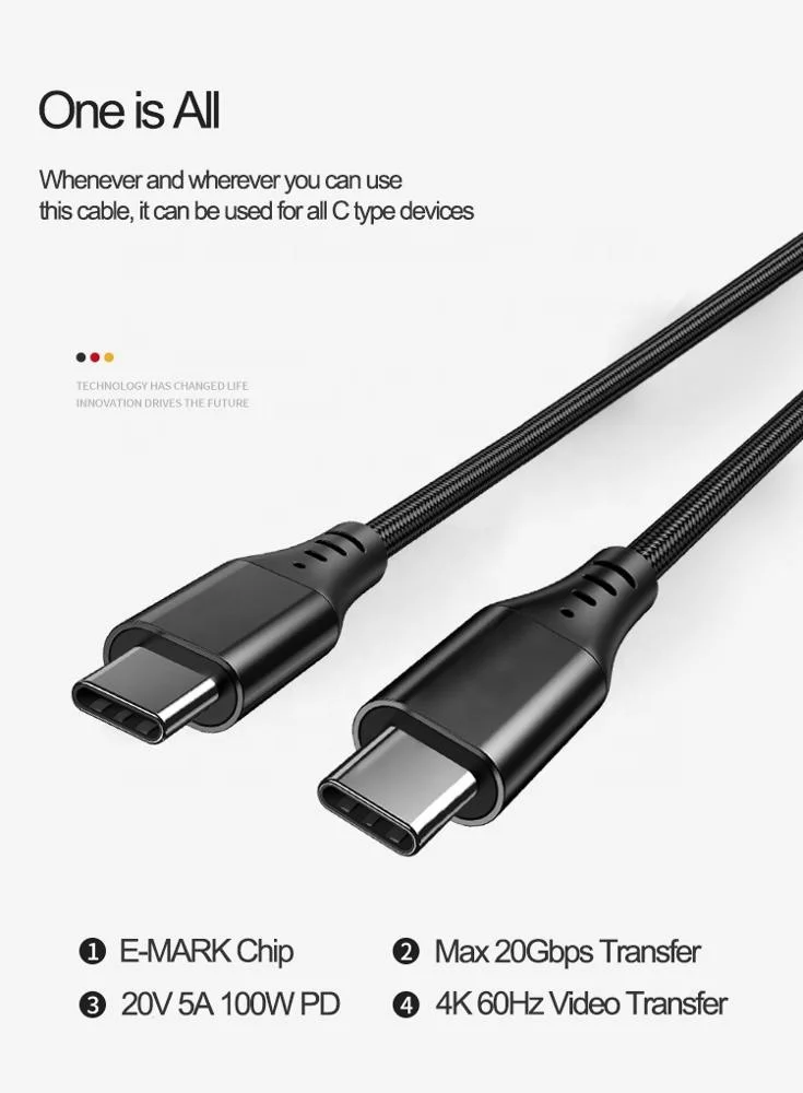 
2020 New E-MARK IC 20V 5A USB 3.1 Type-C to Type-C PD Fast Charger Data Cable 10G/s , GEN 2 4K 3D 