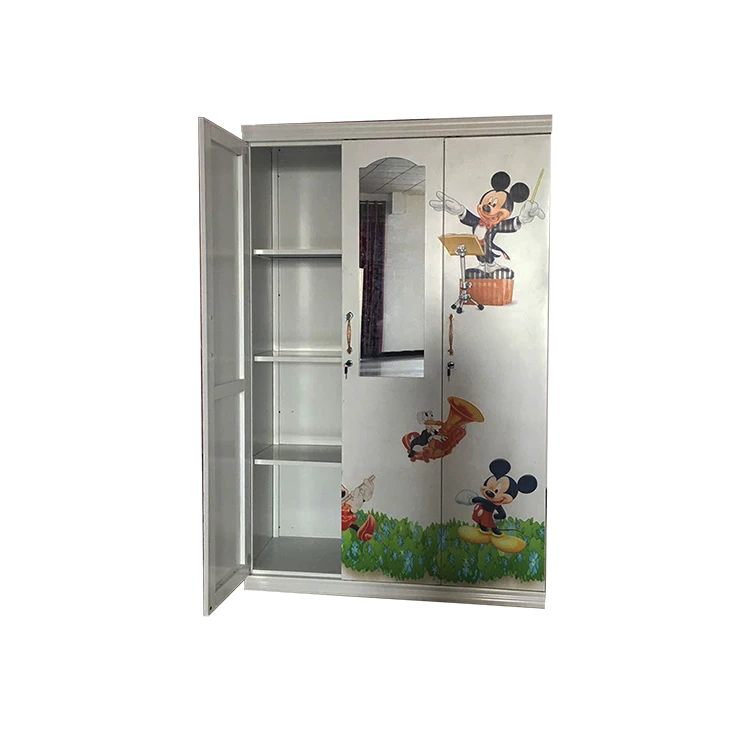 cupboard home Bedroom Furniture steel almirah lemari pakaian besi armario Metal Imprint cabinet 3 door wardrobe with mirror
