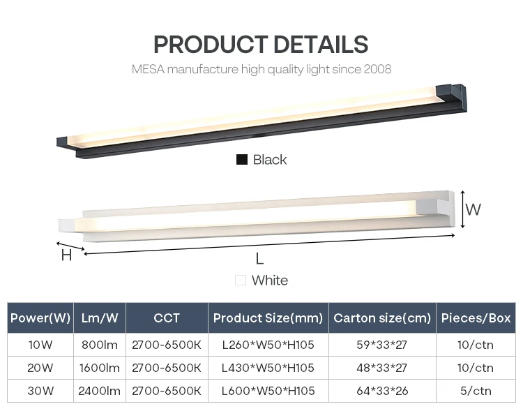 Simple Decorative Line Bar Bathroom Lamp 10W 20W 30W LED Mirror Light