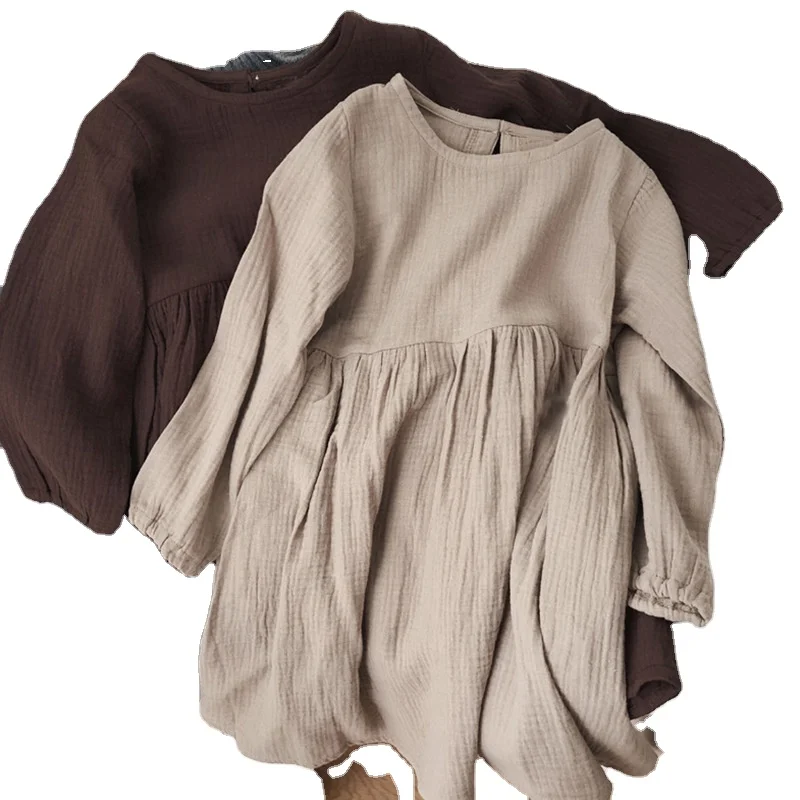 girls autumn Japanese and Korean style girls baby lantern sleeve casual double-layer gauze muslin coffee beige  cotton dress