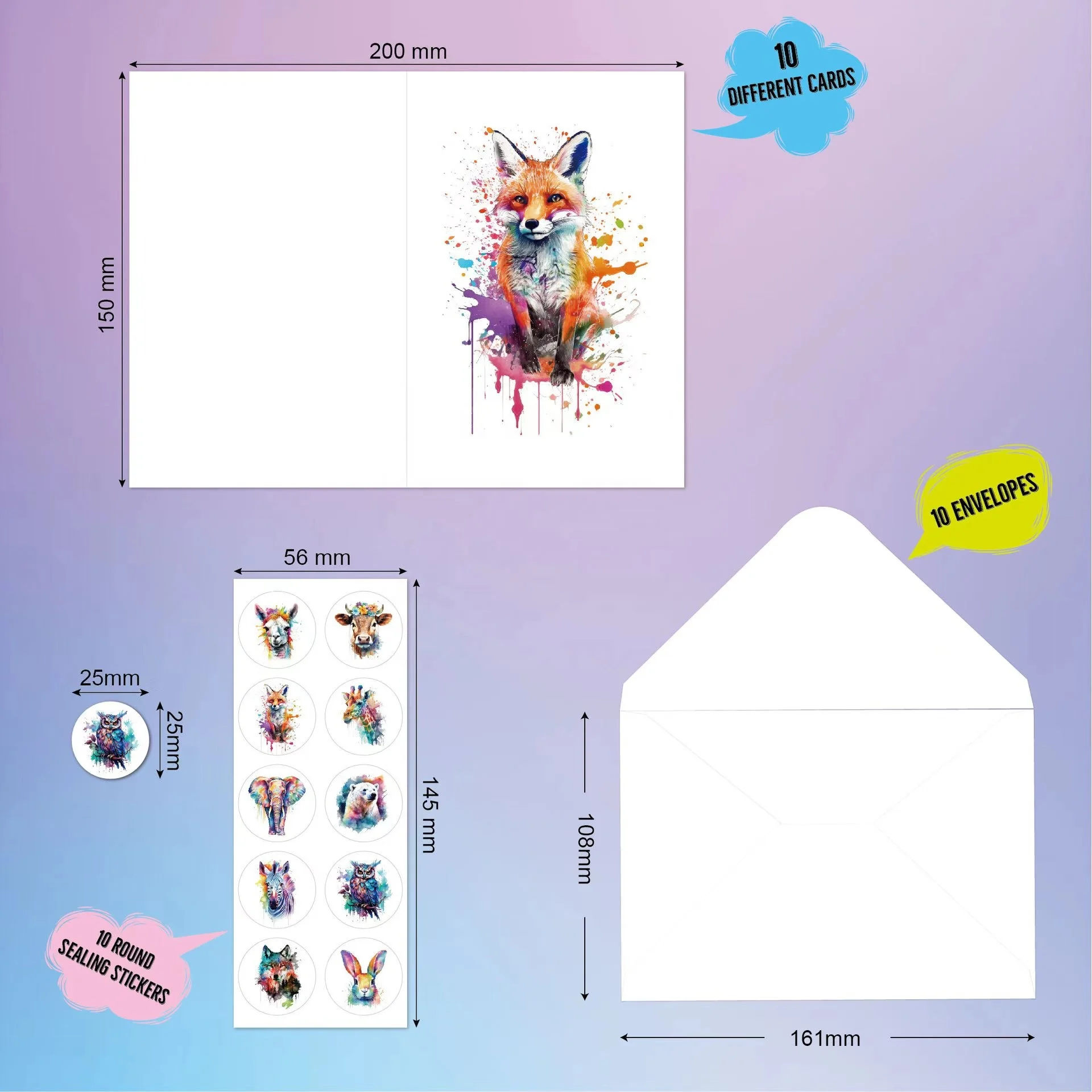 Universal Animal Thank You Card Custom Animal Greeting Card with Envelopes Watercolor Animal Blank Bless Card