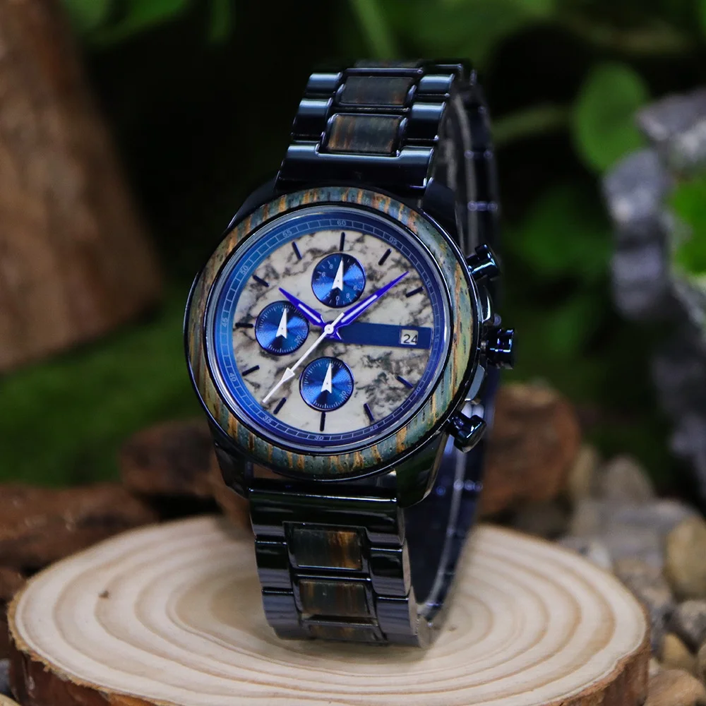 Luxury Marble Wooden Wrist Watch Metal Wood Watches Waterproof Sports Chronograph Quartz Wooden Watch For Men