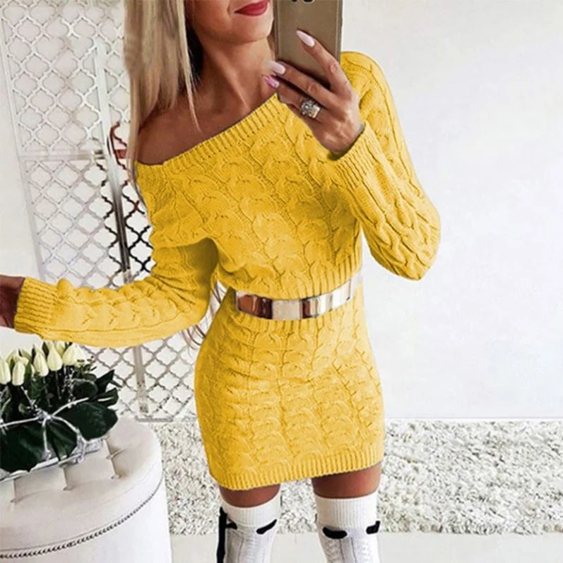 MOQ 1PC Twist Neon Knitwear Women Dresses Long Sleeve Solid Fashion Autumn Dress Basic Slim 2019 Winter Casual Femme Dresses
