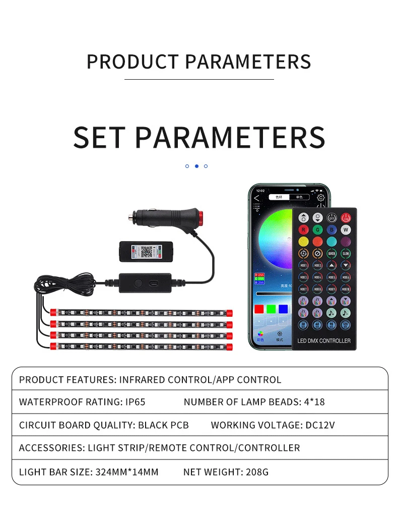 Led Car Light Interior, 4pcs 72 Led Strips Lights for Car by APP Control, DIY Colors Music Microphone Control Under Dash